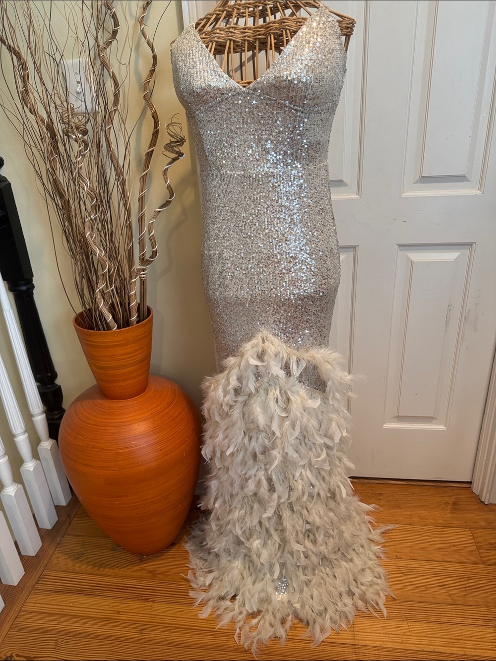 Nova Luxe silver cocktail dress with feathers